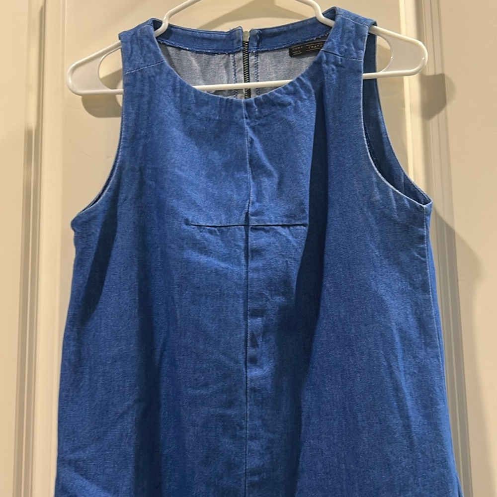 Like New!Zara TRF DENIM Chambray MIDI sleeveless DRESS exposed zip w/ pockets 4